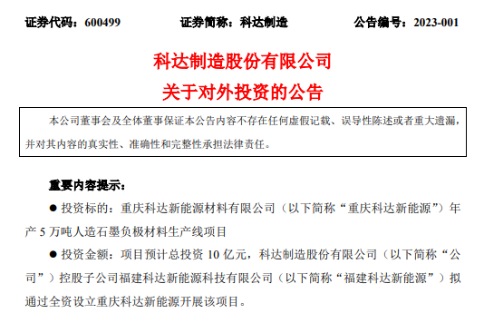 投资10亿！科达制造建年产5万吨负极项目
